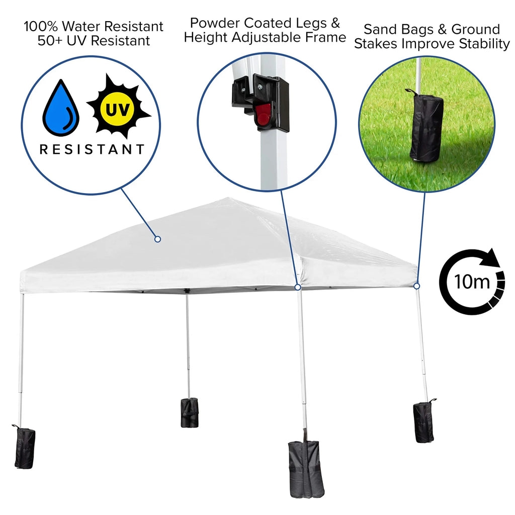 10'x10' White Pop Up Canopy Tent with Wheeled Case and Folding Bench Set S68987