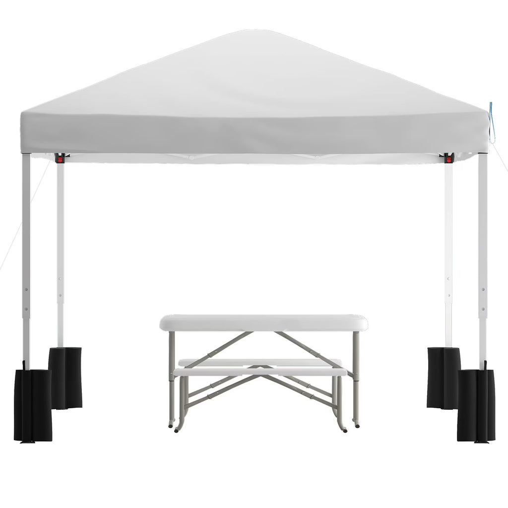 10'x10' White Pop Up Canopy Tent with Wheeled Case and Folding Bench Set S68987