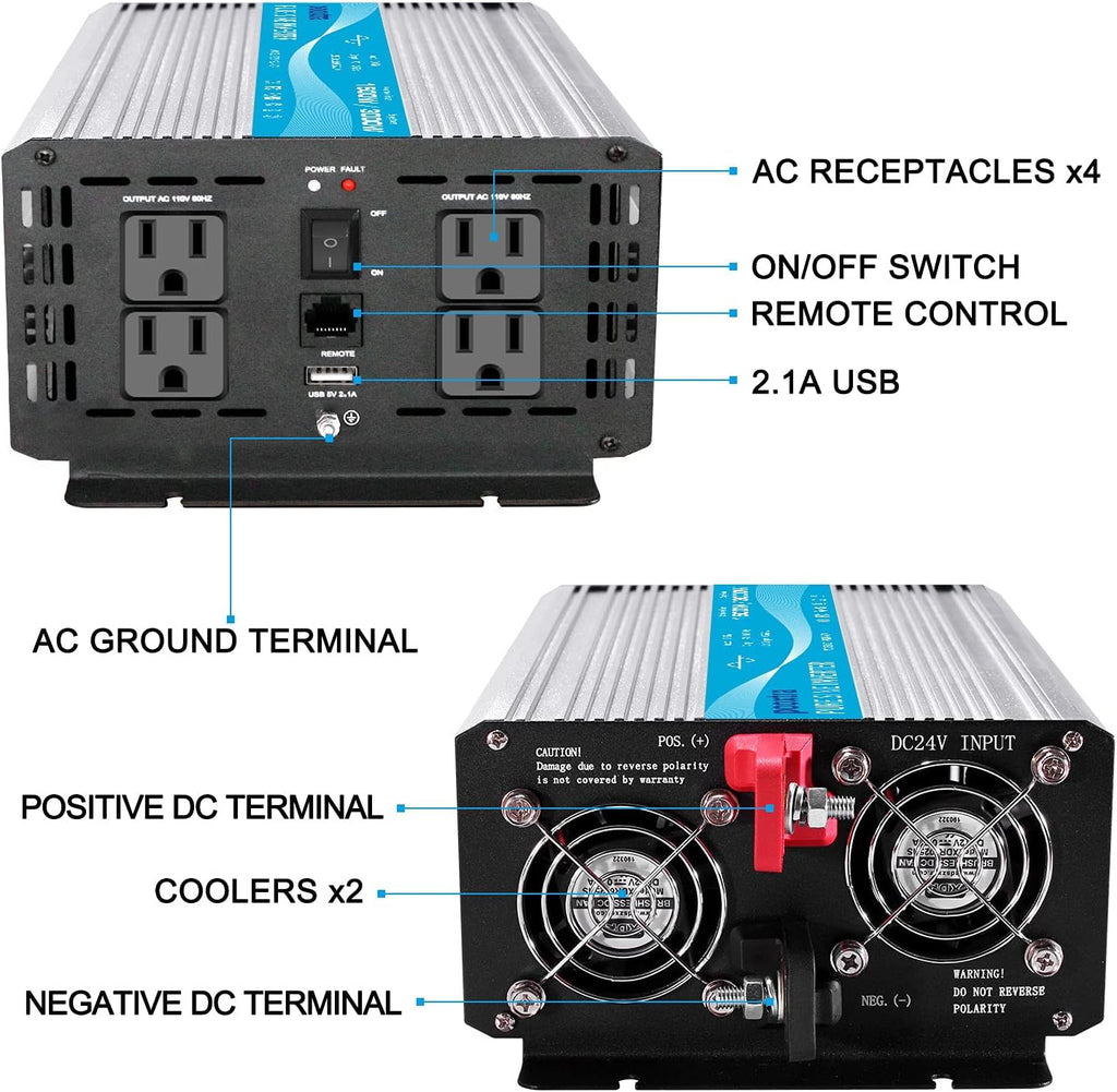 1000 watt Pure Sine Wave Power Inverter 12V to 110V with 4 AC A1975