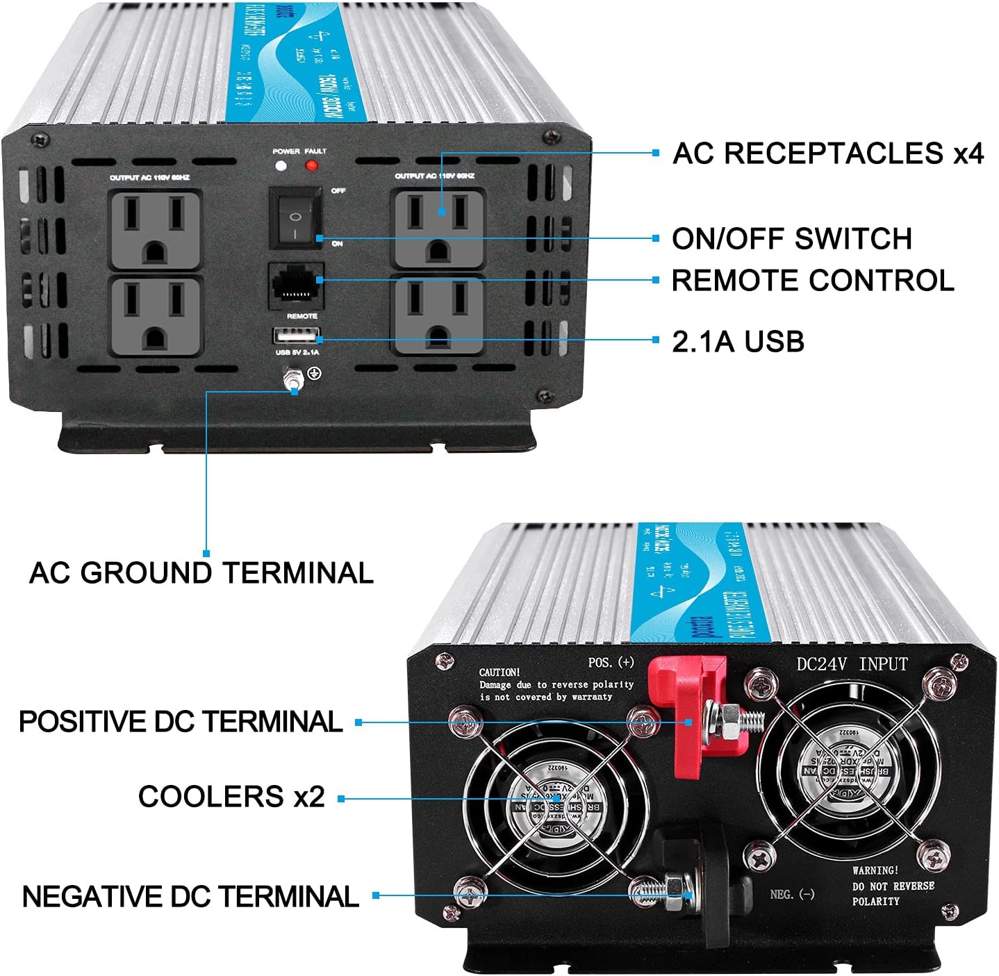 1000 watt Pure Sine Wave Power Inverter 12V to 110V with 4 AC A1975