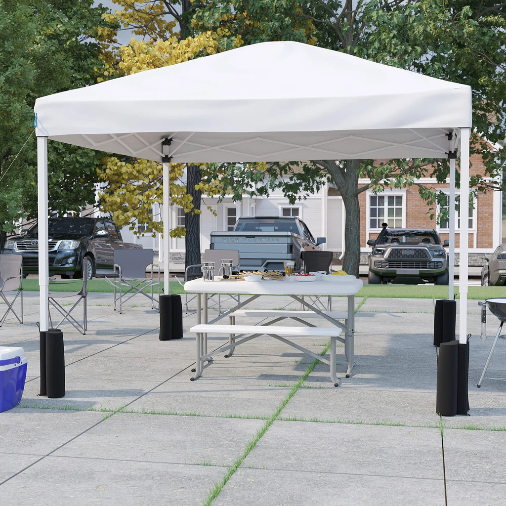 10'x10' White Pop Up Canopy Tent with Wheeled Case and Folding Bench Set S68987
