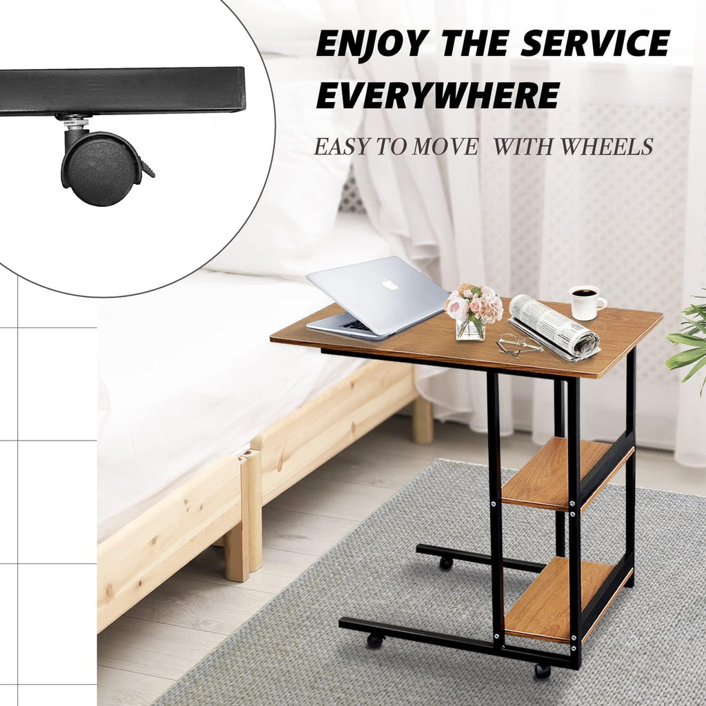 Movable Wooden Night Stand Desk with 4 Wheels Cart Tray Y63025