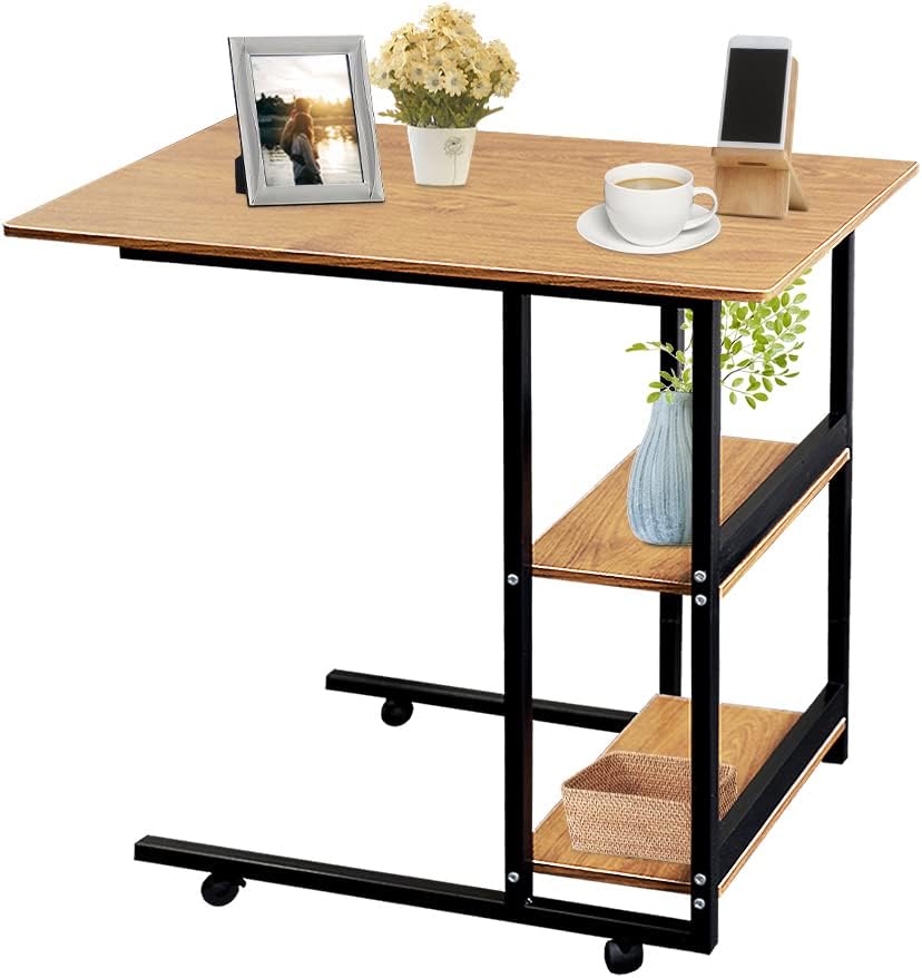 Movable Wooden Night Stand Desk with 4 Wheels Cart Tray Y63025