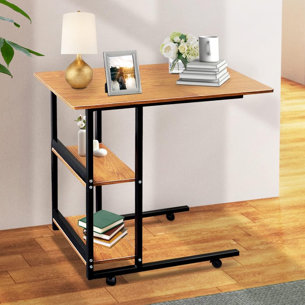 Movable Wooden Night Stand Desk with 4 Wheels Cart Tray Y63025