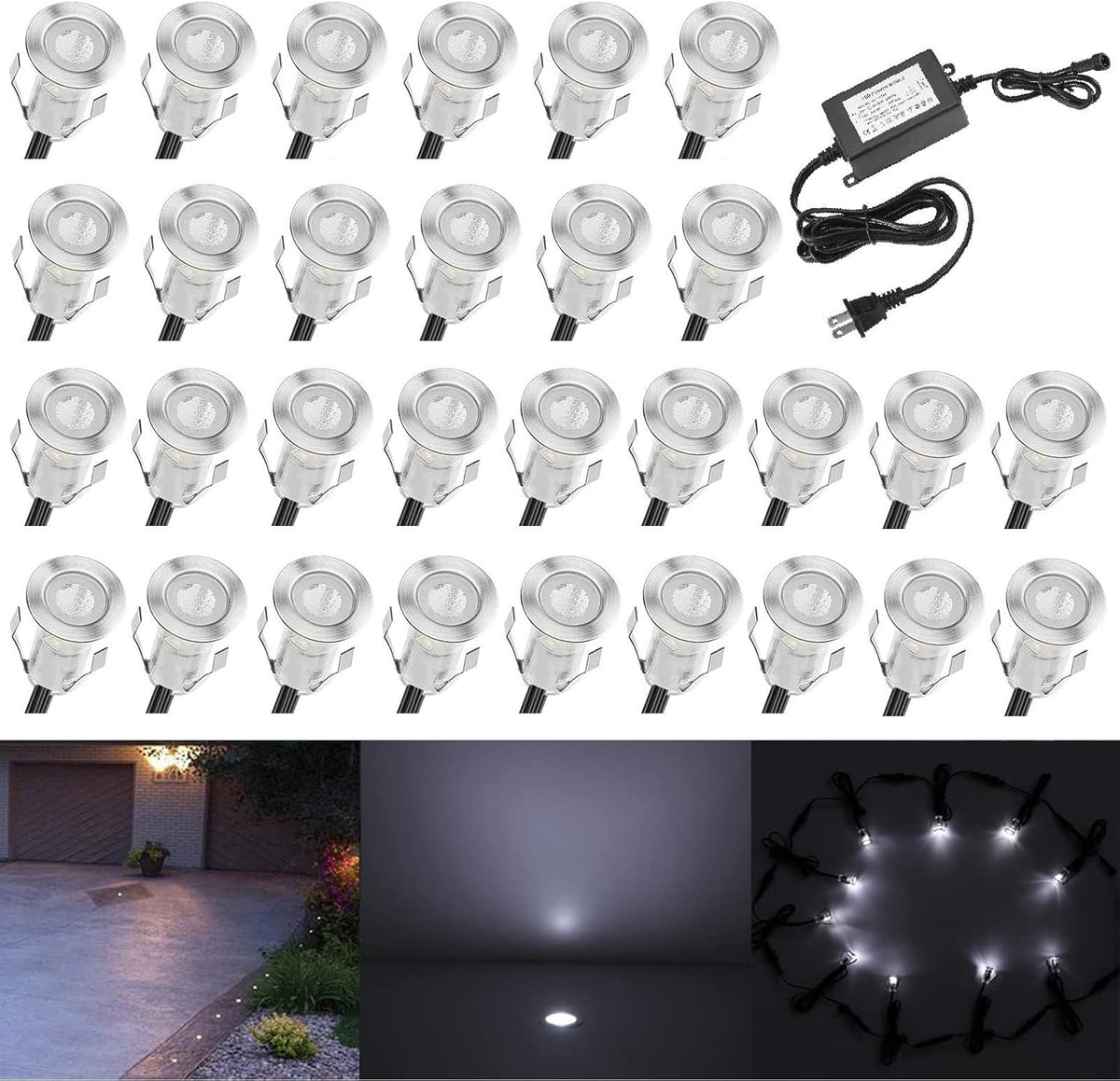 0.7 Warm White LED Deck Light Kit, Stainless Steel Waterproof Recessed Outdoor Lighting, Pack of 30 K349