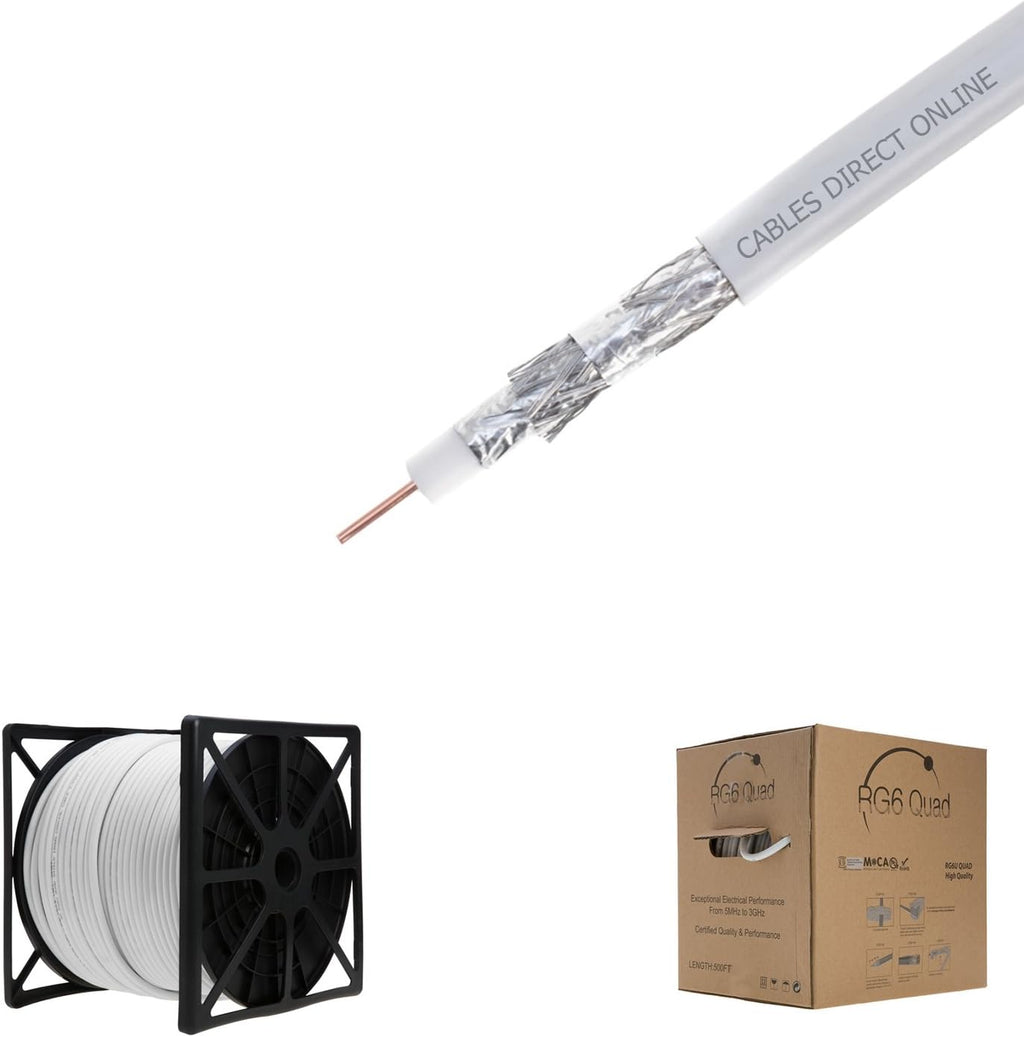 1000FT White RG6 Quad Shielded Coaxial Cable, 18 AWG Copper Clad Steel Conductor, PVC Jacket O19190