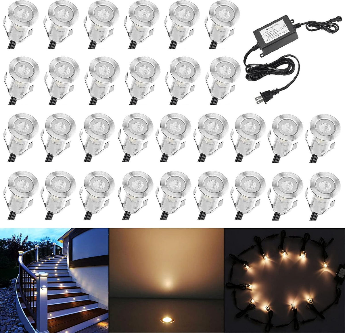 0.7 Warm White LED Deck Light Kit, Stainless Steel Waterproof Recessed Outdoor Lighting, Pack of 30 K349
