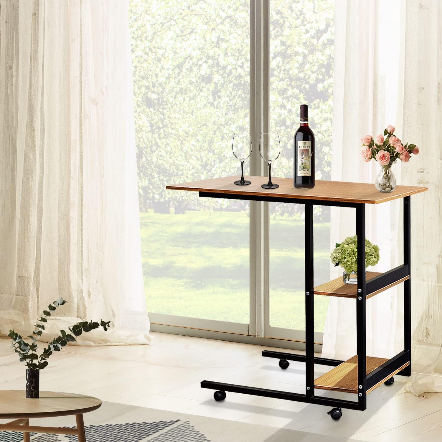 Movable Wooden Night Stand Desk with 4 Wheels Cart Tray Y63025